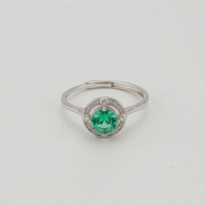 AGOR 925 Sterling Silver Round Green Stone Halo Ring Adjustable High Polish Jewellery