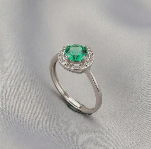 AGOR 925 Sterling Silver Round Green Stone Halo Ring Adjustable High Polish Jewellery