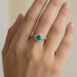 AGOR 925 Sterling Silver Round Green Stone Halo Ring Adjustable High Polish Jewellery