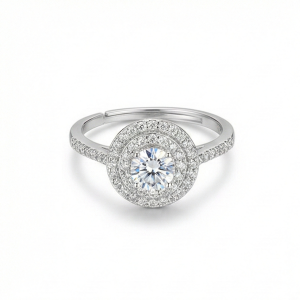 AGOR 925 Sterling Silver Double Halo Solitaire Ring Adjustable Pave Band Engagement Jewellery