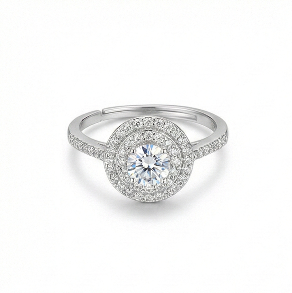 925 Sterling Silver Double Halo Solitaire Ring Adjustable Pave Band Engagement Jewellery