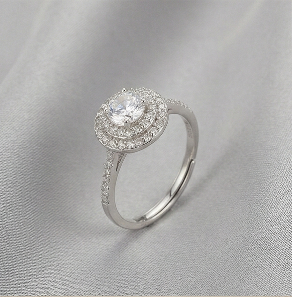 AGOR 925 Sterling Silver Double Halo Solitaire Ring Adjustable Pave Band Engagement Jewellery
