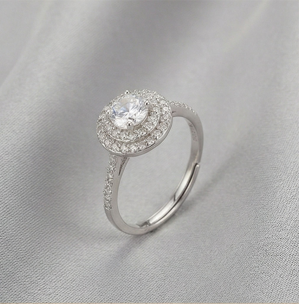 925 Sterling Silver Double Halo Solitaire Ring Adjustable Pave Band Engagement Jewellery