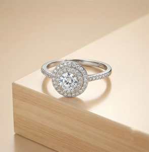 AGOR 925 Sterling Silver Double Halo Solitaire Ring Adjustable Pave Band Engagement Jewellery