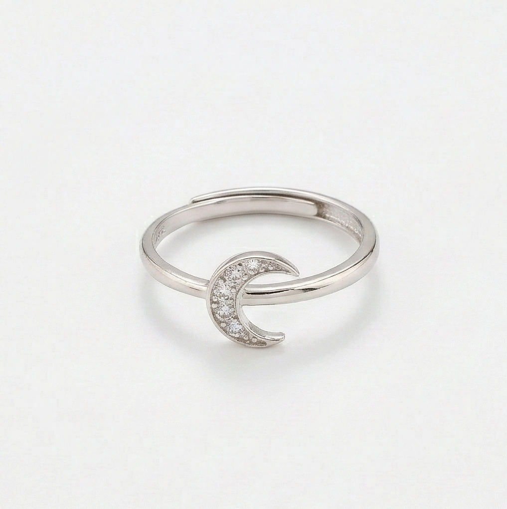 925 Sterling Silver Celestial Crescent Moon Ring for Women, Adjustable Trendy Jewellery