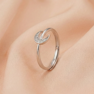 AGOR 925 Sterling Silver Celestial Crescent Moon Ring for Women, Adjustable Trendy Jewellery