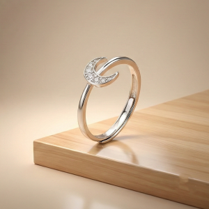 AGOR 925 Sterling Silver Celestial Crescent Moon Ring for Women, Adjustable Trendy Jewellery
