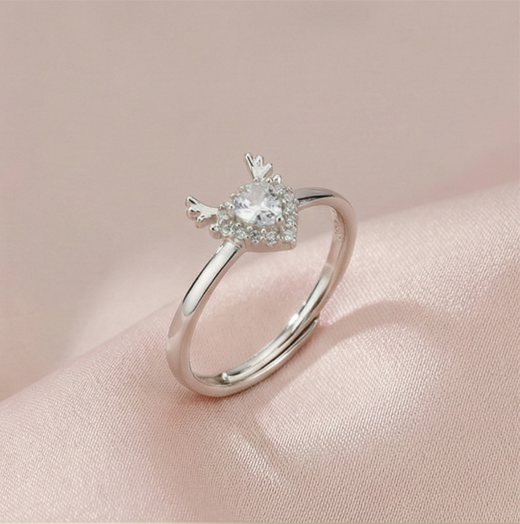 AGOR 925 Sterling Silver Winged Heart Halo Adjustable Ring Jewellery for Women