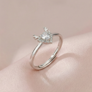 925 Sterling Silver Winged Heart Halo Adjustable Ring Jewellery for Women