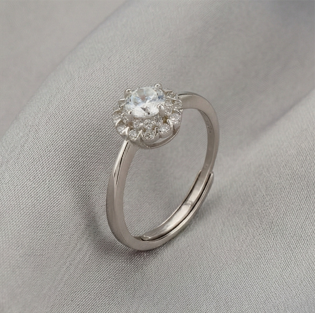 925 Sterling Silver Classic Round Halo Solitaire Adjustable Ring Jewellery for Women