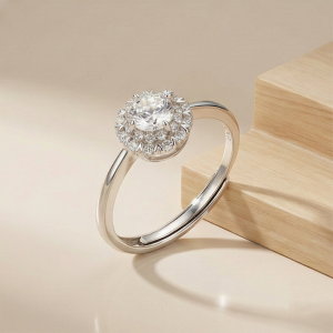 AGOR 925 Sterling Silver Classic Round Halo Solitaire Adjustable Ring Jewellery for Women