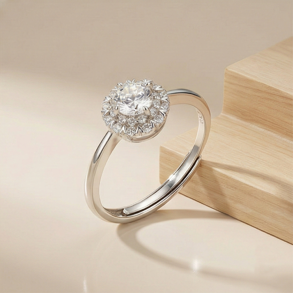 925 Sterling Silver Classic Round Halo Solitaire Adjustable Ring Jewellery for Women