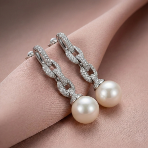 AGOR 925 Sterling Silver Pave Link Pearl Drop Earrings Bridal Jewellery for Women