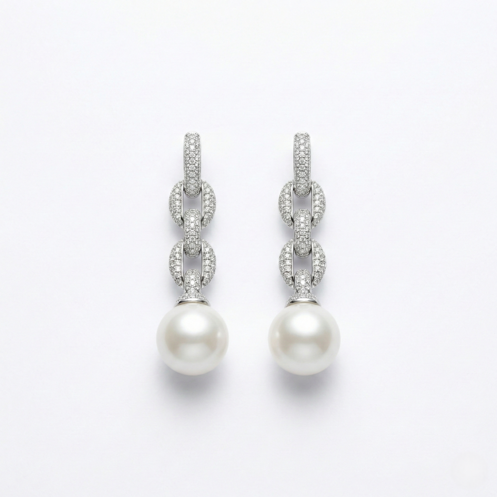 AGOR 925 Sterling Silver Pave Link Pearl Drop Earrings Bridal Jewellery for Women