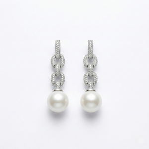 AGOR 925 Sterling Silver Pave Link Pearl Drop Earrings Bridal Jewellery for Women