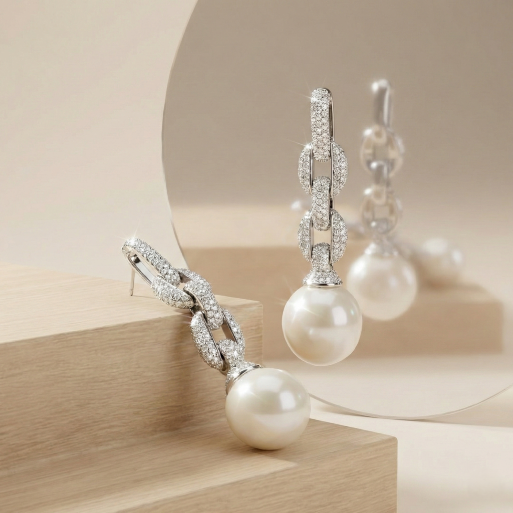 AGOR 925 Sterling Silver Pave Link Pearl Drop Earrings Bridal Jewellery for Women