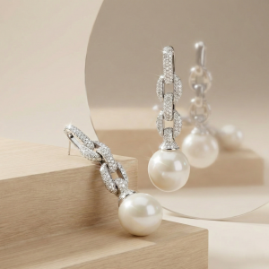 AGOR 925 Sterling Silver Pave Link Pearl Drop Earrings Bridal Jewellery for Women