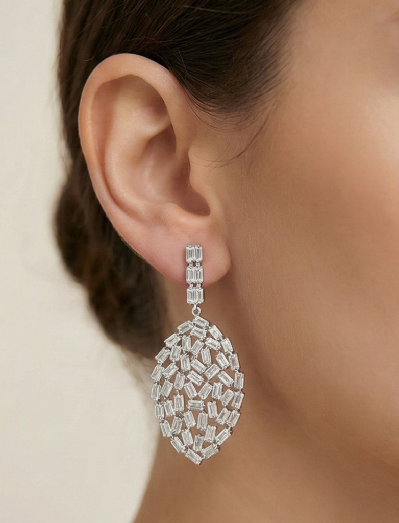 AGOR 925 Sterling Silver Baguette Mosaic Statement Earrings Party Wear Jewellery for Women