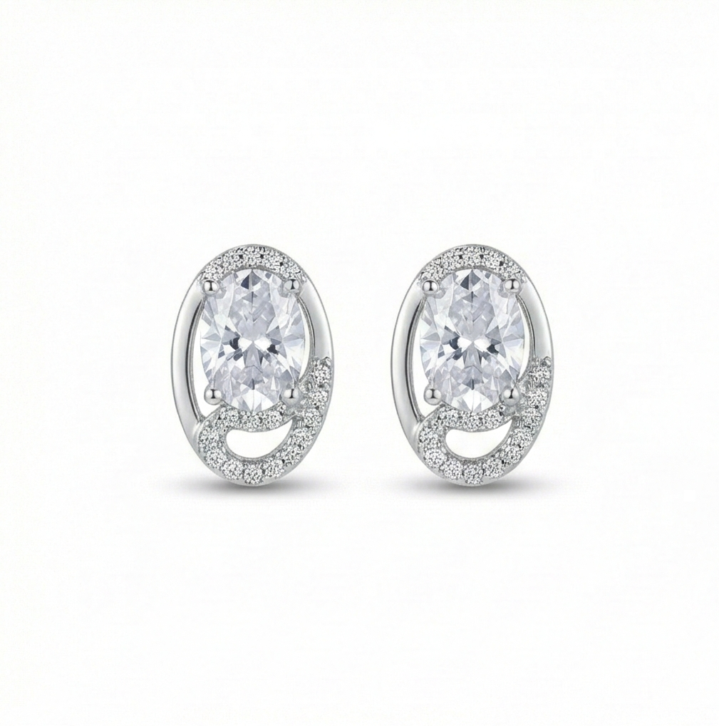 925 Sterling Silver Oval Solitaire Swirl Stud Earrings Romantic Jewellery for Women