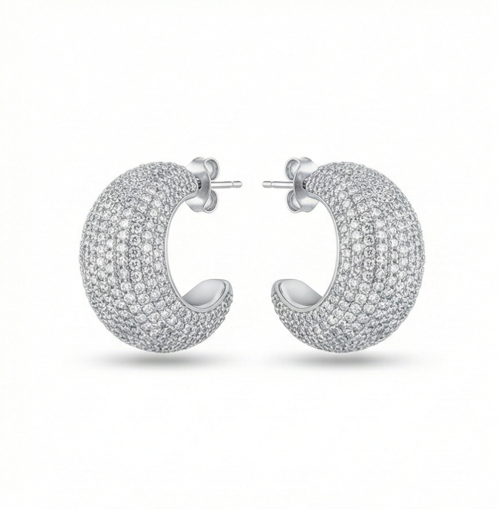 AGOR 925 Sterling Silver Pave Set Chunky C-Hoop Earrings Statement Jewellery for Women High Polish Silver Finish