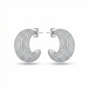 AGOR 925 Sterling Silver Pave Set Chunky C-Hoop Earrings Statement Jewellery for Women High Polish Silver Finish