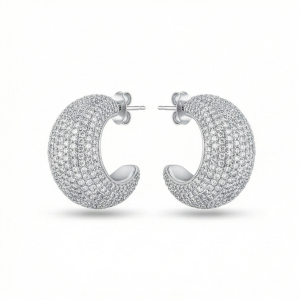 925 Sterling Silver Pave Set Chunky C-Hoop Earrings Statement Jewellery for Women High Polish Silver Finish