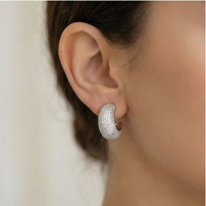 AGOR 925 Sterling Silver Pave Set Chunky C-Hoop Earrings Statement Jewellery for Women High Polish Silver Finish