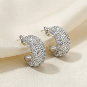 AGOR 925 Sterling Silver Pave Set Chunky C-Hoop Earrings Statement Jewellery for Women High Polish Silver Finish