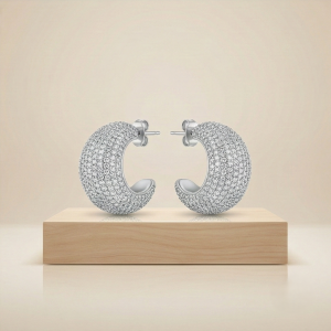 AGOR 925 Sterling Silver Pave Set Chunky C-Hoop Earrings Statement Jewellery for Women High Polish Silver Finish
