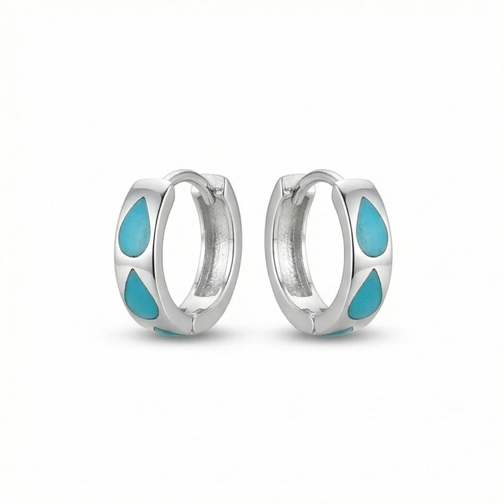 925 Sterling Silver Turquoise MOP Teardrop Huggie Hoop Earrings Minimalist Jewellery for Women