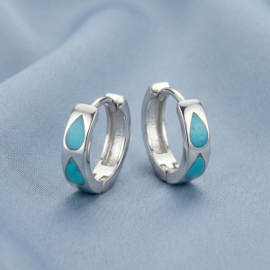 AGOR 925 Sterling Silver Turquoise MOP Teardrop Huggie Hoop Earrings Minimalist Jewellery for Women