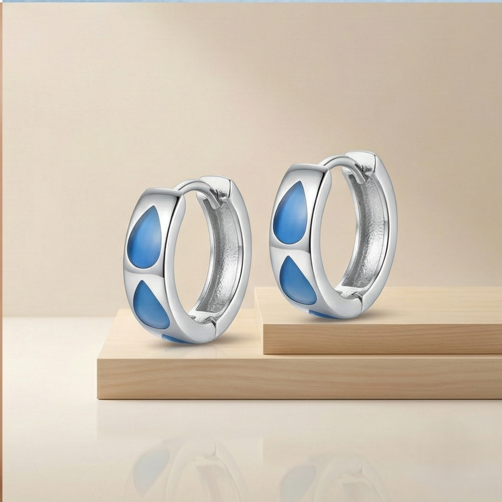 AGOR 925 Sterling Silver Blue Teardrop MOP Inlay Huggie Hoop Earrings Modern Jewellery for Women