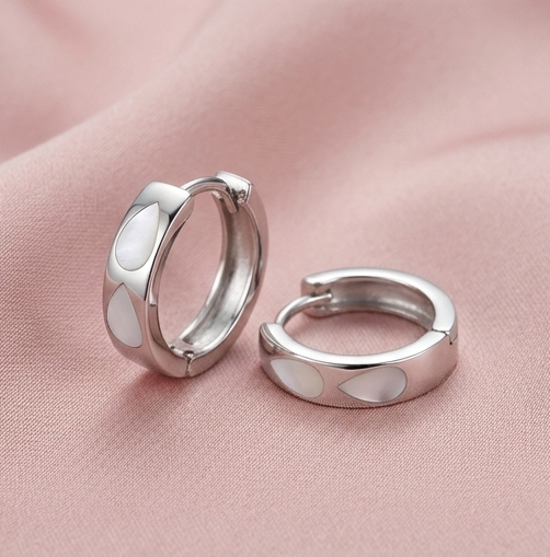 925 Sterling Silver White MOP Pearlescent Teardrop Huggie Hoop Earrings Elegant Jewellery for Women