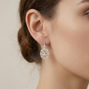 AGOR 925 Sterling Silver Champagne Oval Stone Halo Drop Earrings Vintage Style Jewellery for Women