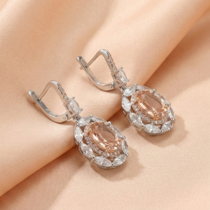 AGOR 925 Sterling Silver Champagne Oval Stone Halo Drop Earrings Vintage Style Jewellery for Women