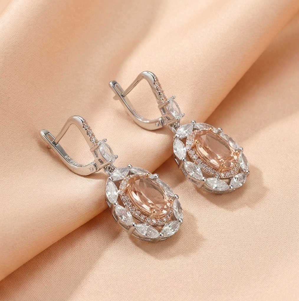 925 Sterling Silver Champagne Oval Stone Halo Drop Earrings Vintage Style Jewellery for Women