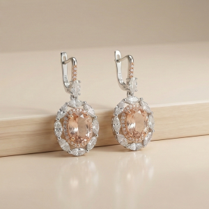 AGOR 925 Sterling Silver Champagne Oval Stone Halo Drop Earrings Vintage Style Jewellery for Women