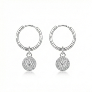 AGOR 925 Sterling Silver Pave Ball Charm Hoop Earrings Minimalist Jewellery for Women