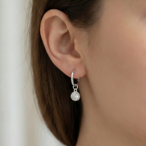 AGOR 925 Sterling Silver Pave Ball Charm Hoop Earrings Minimalist Jewellery for Women