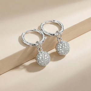 925 Sterling Silver Pave Ball Charm Hoop Earrings Minimalist Jewellery for Women
