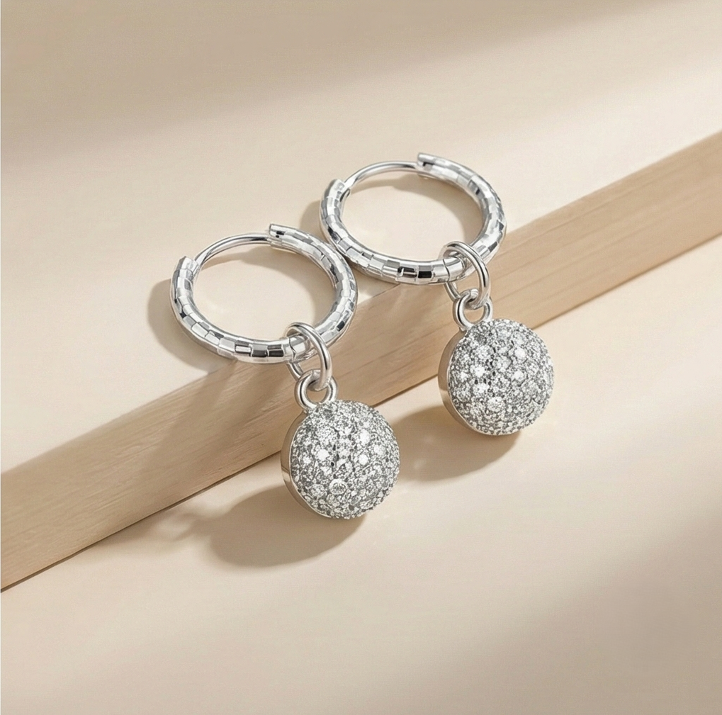925 Sterling Silver Pave Ball Charm Hoop Earrings Minimalist Jewellery for Women
