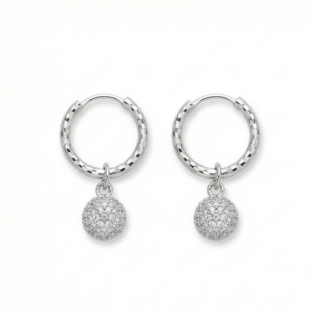 925 Sterling Silver Pave Ball Charm Hoop Earrings Minimalist Jewellery for Women