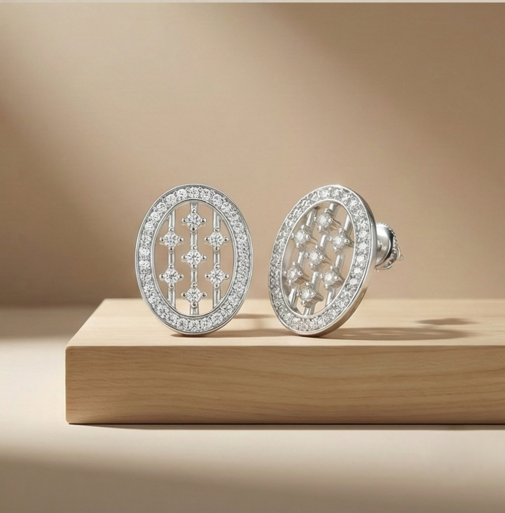 AGOR 925 Sterling Silver Geometric Oval Grid Stud Earrings Modern Jewellery for Women
