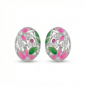 AGOR 925 Sterling Silver Floral Enamel Oval Stud Earrings Colorful Jewellery for Women