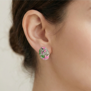 AGOR 925 Sterling Silver Floral Enamel Oval Stud Earrings Colorful Jewellery for Women