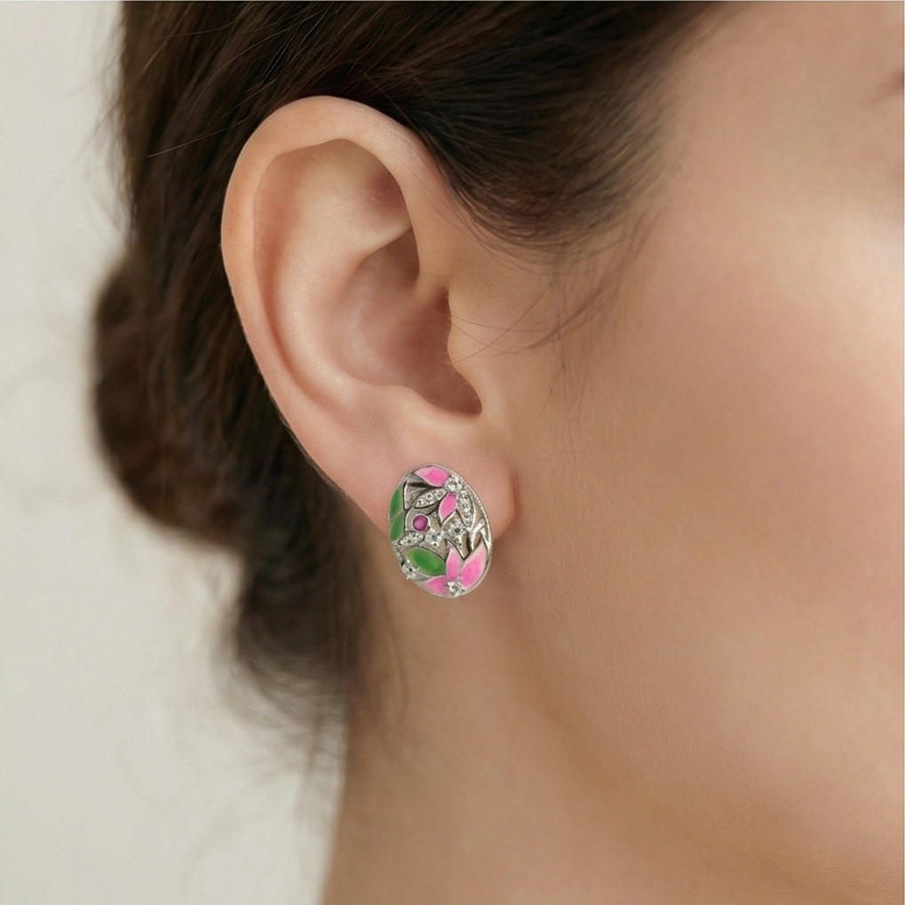 925 Sterling Silver Floral Enamel Oval Stud Earrings Colorful Jewellery for Women