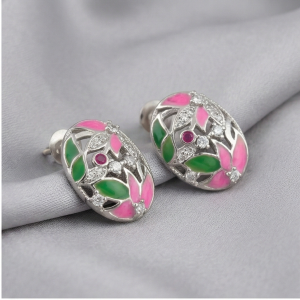 AGOR 925 Sterling Silver Floral Enamel Oval Stud Earrings Colorful Jewellery for Women