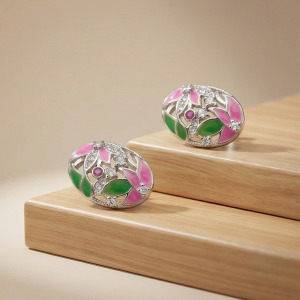 AGOR 925 Sterling Silver Floral Enamel Oval Stud Earrings Colorful Jewellery for Women