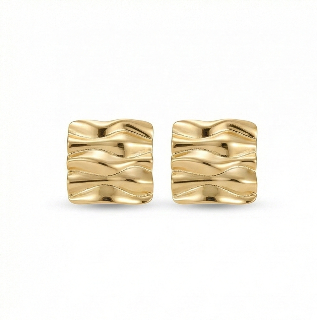 AGOR 925 Sterling Silver Liquid Wave Square Stud Earrings in Gold Finish Women's Jewellery