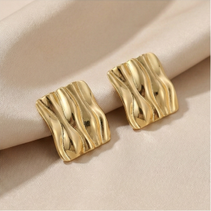 AGOR 925 Sterling Silver Liquid Wave Square Stud Earrings in Gold Finish Women's Jewellery